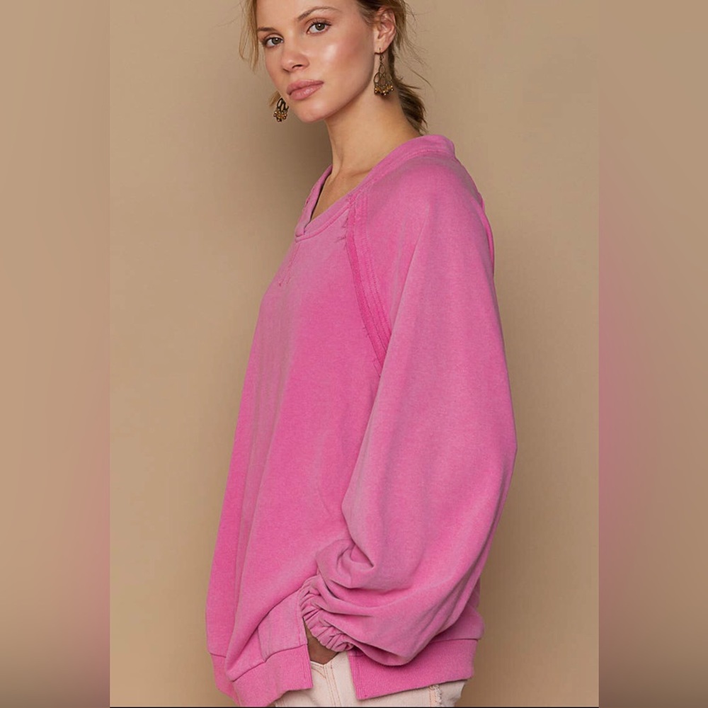 POL Hot Pink Crisscross Back Sweatshirt | Open Back | Slouchy Oversized Fit - Picture 3 of 5